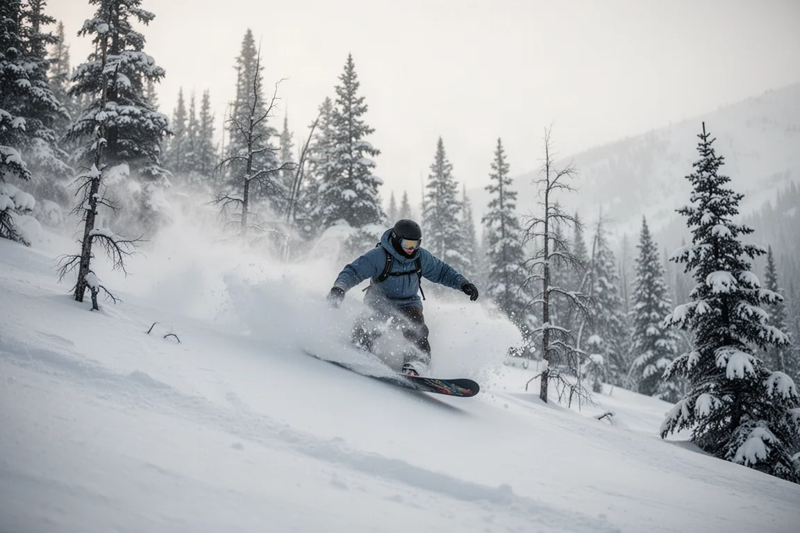 Snowboarder derrapando en nieve polvo entre árboles en una luminosa mañana de invierno