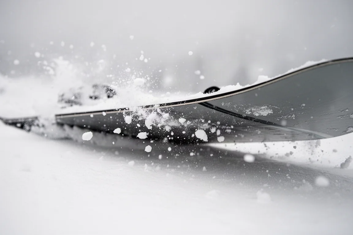 Primer plano de un canto de snowboard tallando en nieve polvo compactada