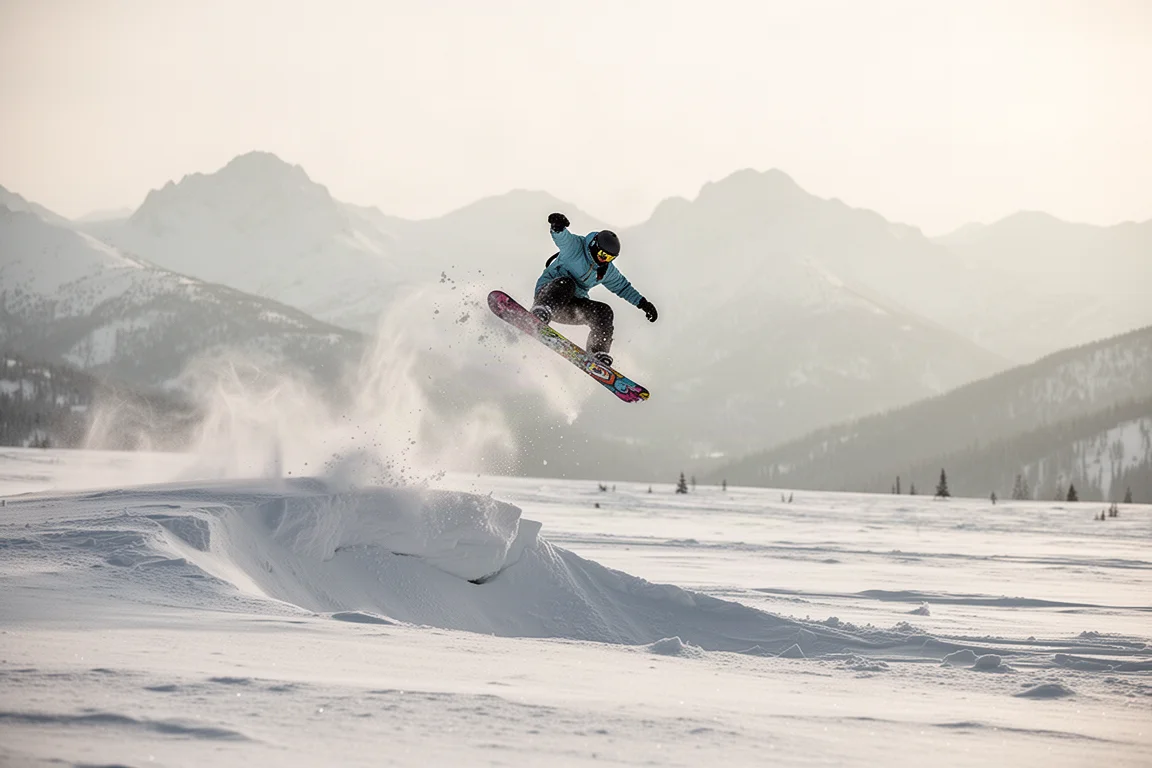 Snowboarder lanzándose desde un salto natural de viento hacia nieve polvo profunda