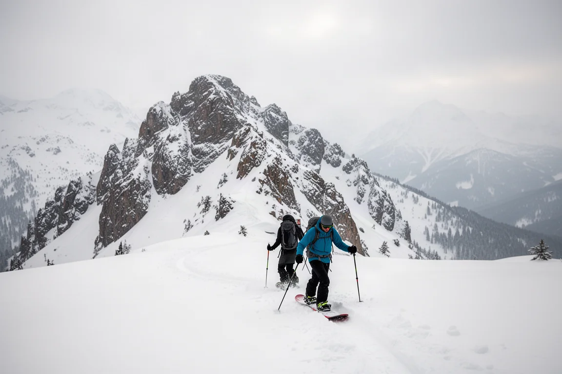 Splitboarder, der eine Spur durch frischen Schnee unter einem Bergridge ansteigt