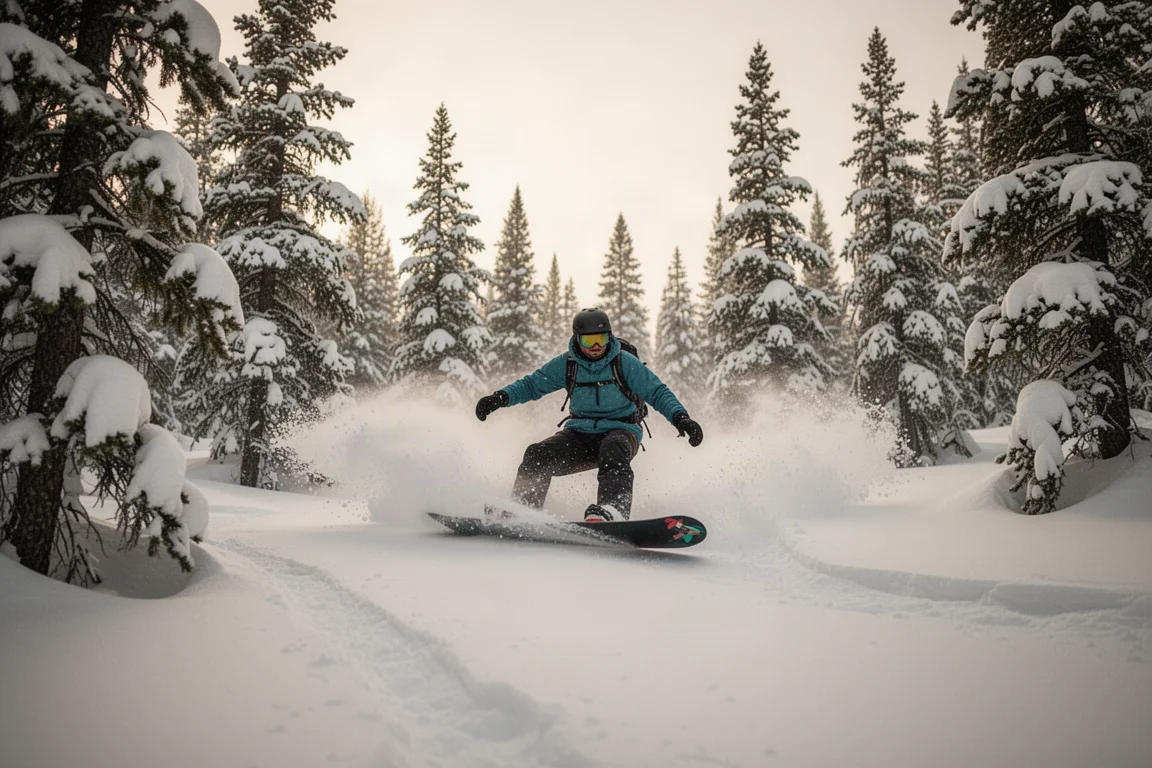Splitboarder, der einen verspielten Pulverturn durch die Bäume carve