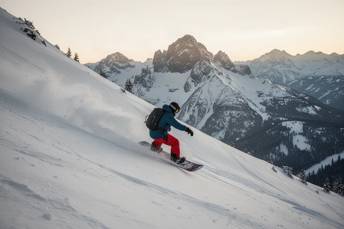 Splitboarder, der eine steile, schnelle Backcountry-Abfahrt hinunterrast