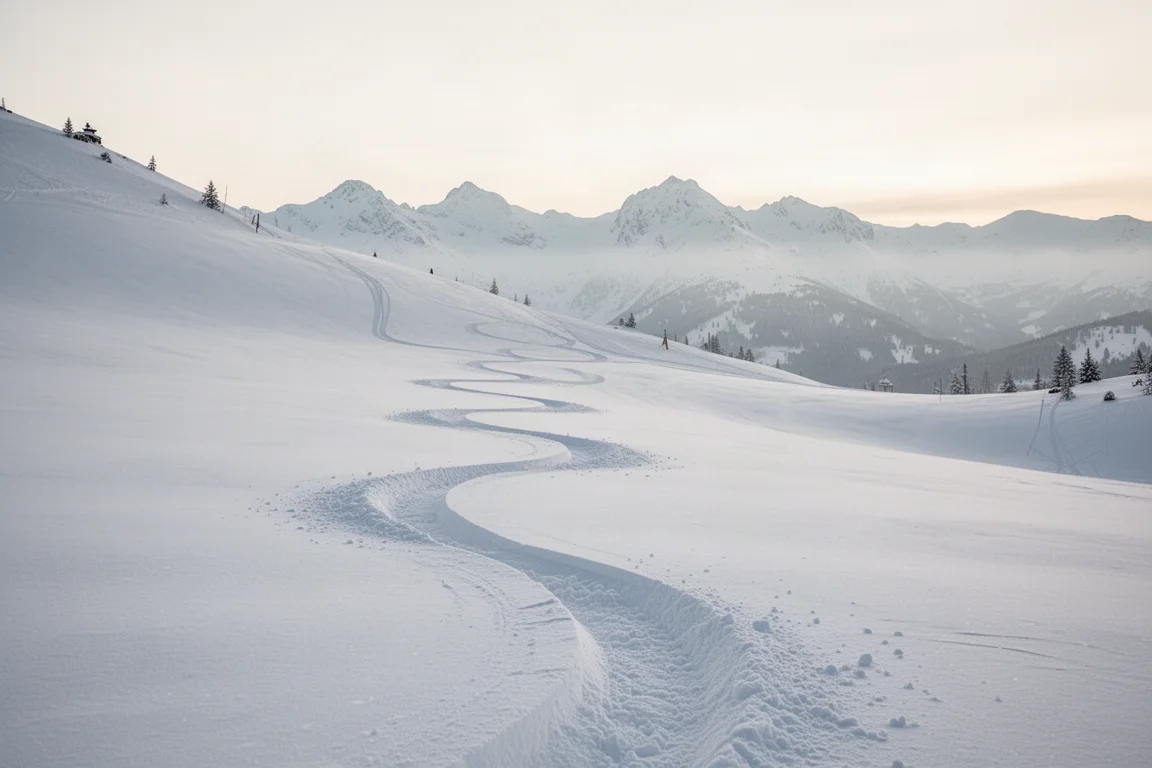 Frisch verschneite Ski-Piste mit Powder-Schwüngen im Morgenlicht