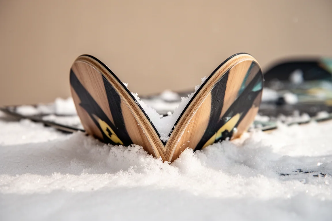 Nahaufnahme des Schwanzes eines Swallowtail-Snowboards, das auf Schnee liegt