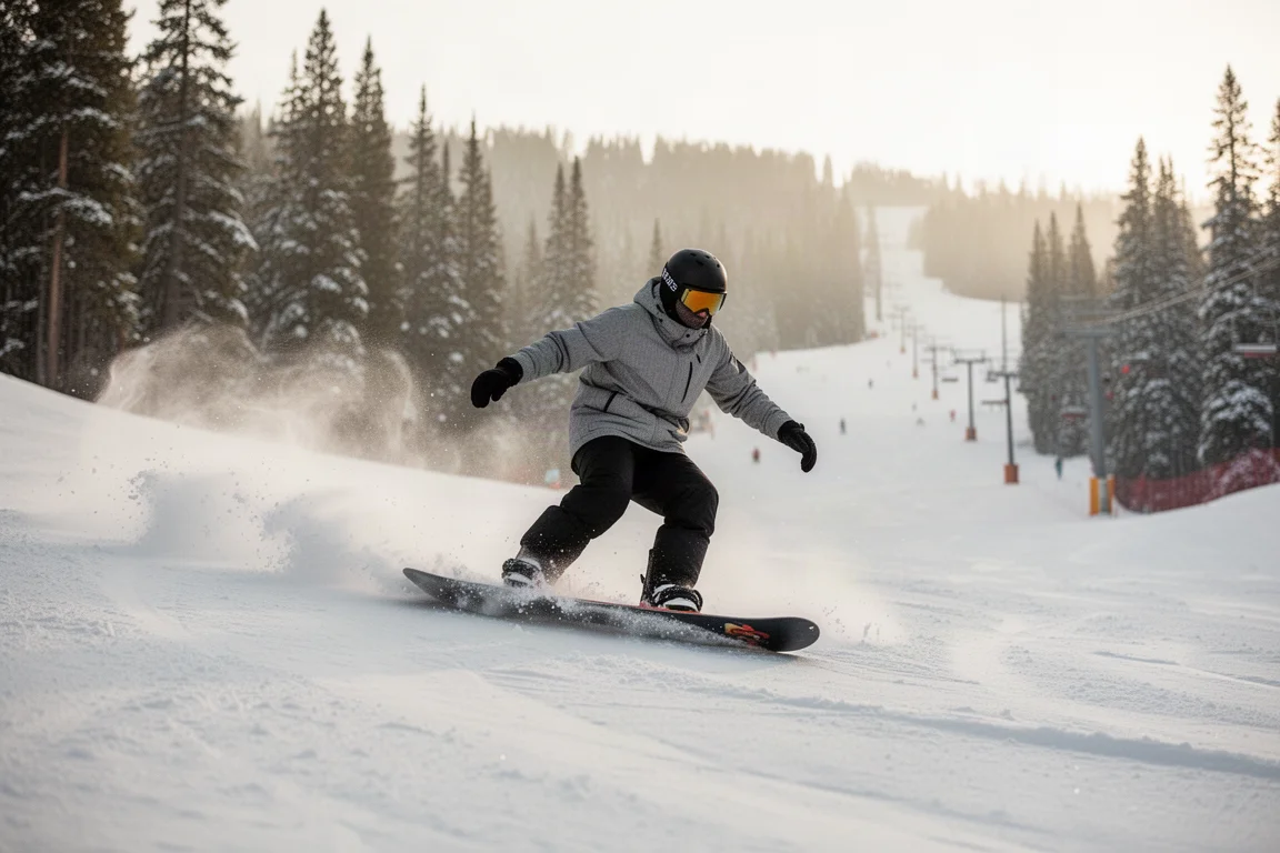 Snowboarder carvt eine Kurve auf einer präparierten Resort-Piste