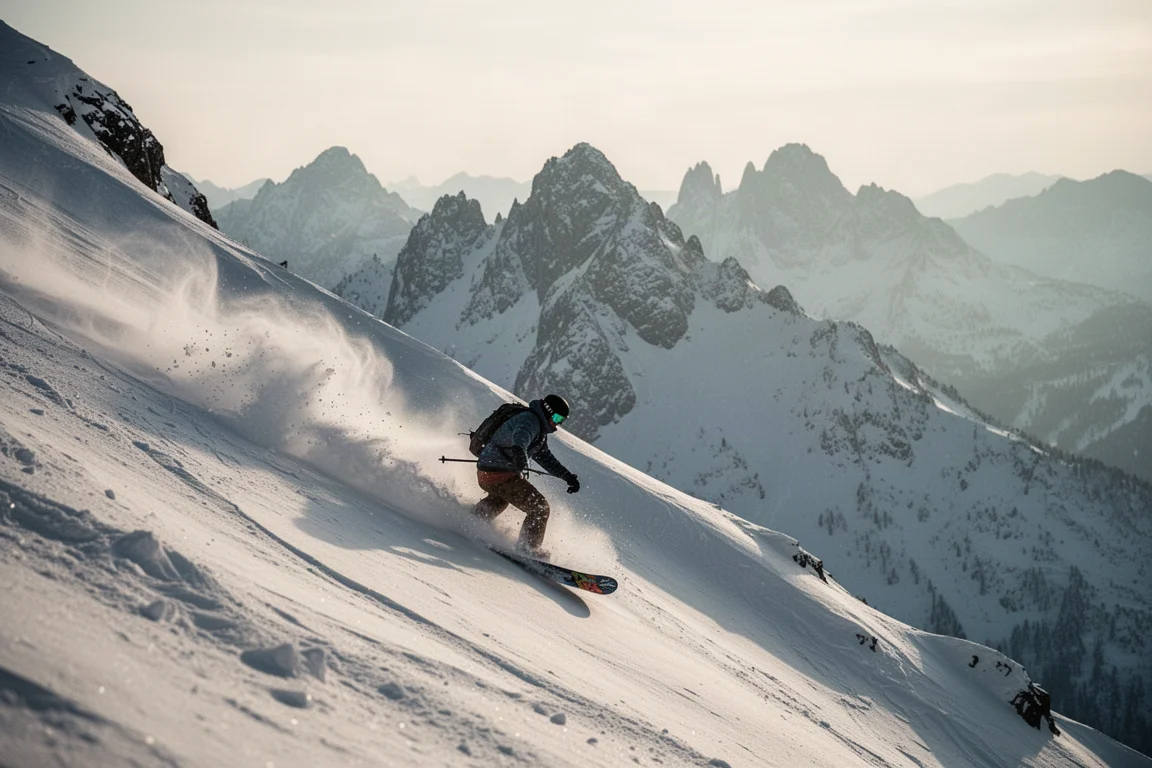 Freeride-Snowboarder zieht eine steife Pulverline im Backcountry