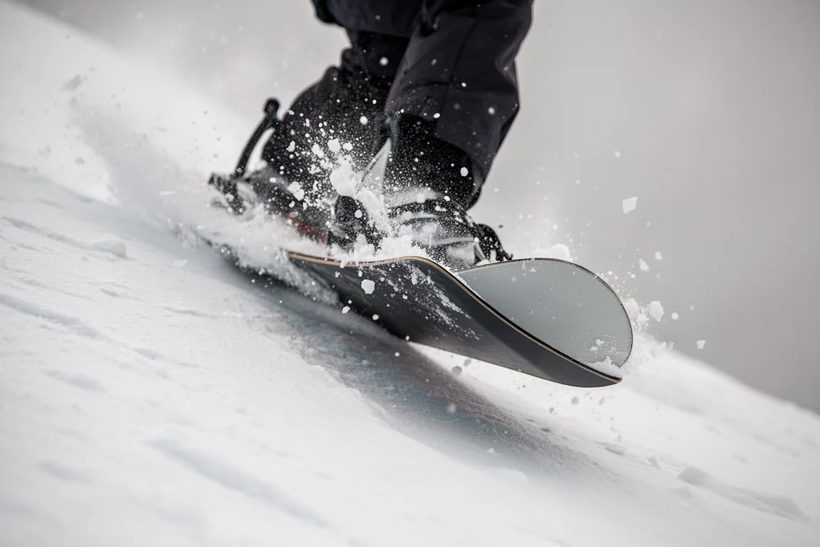 Nahaufnahme einer Snowboard-Kante, die bei einer schnellen Kurve auf hartem Schnee greift