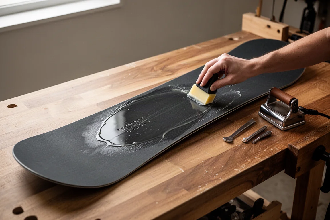 Snowboard-Basis wird auf einer Holzwerkbank mit Wachs präpariert