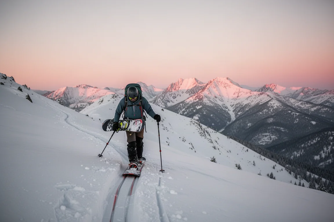 Splitboard auf einem Backcountry-Grat im ersten Licht