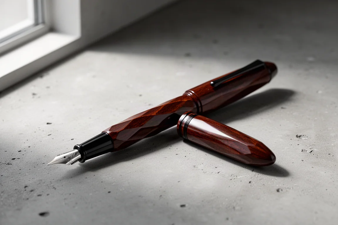 Faceted brownish-red urushi fountain pen on a matte concrete surface