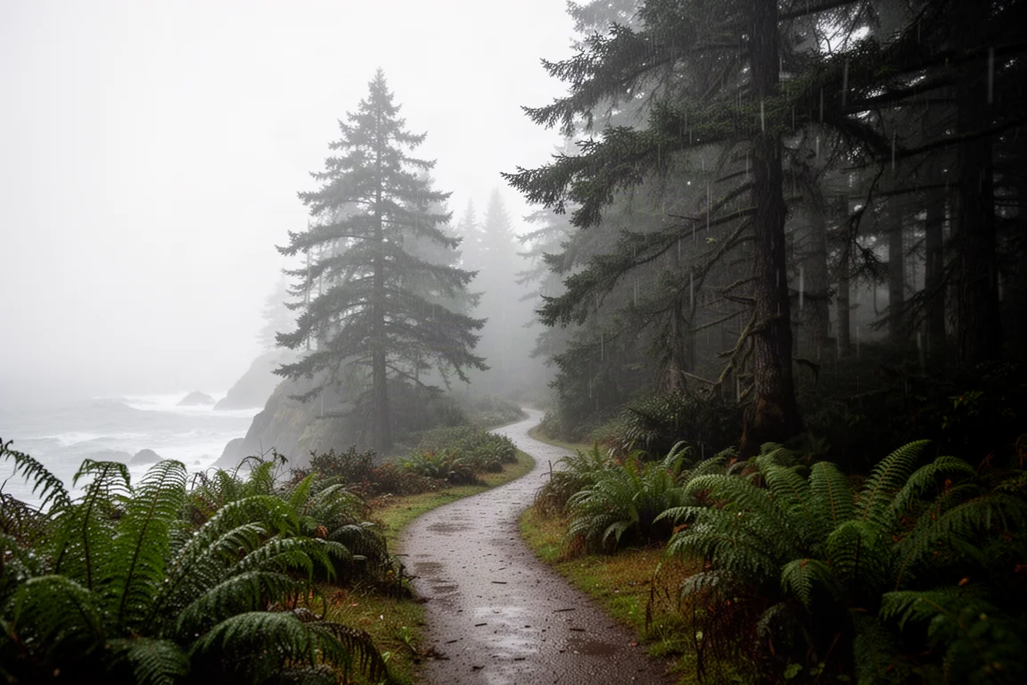 Sentiero costiero inzuppato di pioggia che si snoda in una foresta pluviale temperata gocciolante con nebbia tra le conifere