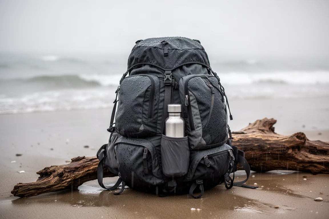 Zaino da trekking appoggiato a un tronco sulla spiaggia bagnata con gocce di pioggia sul tessuto