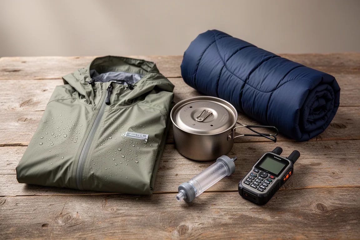 Wet-weather backpacking gear arranged on weathered wood in soft diffused light