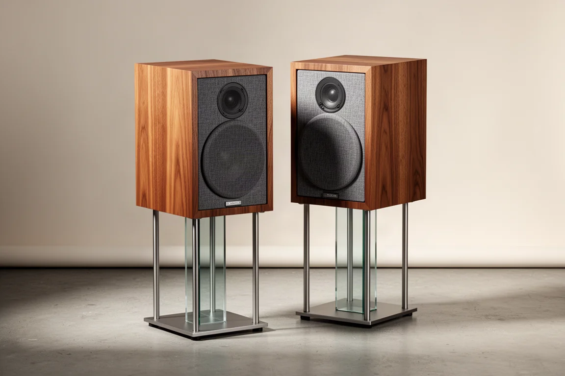 Pair of wood-veneer bookshelf speakers on steel and glass stands in a neutral studio