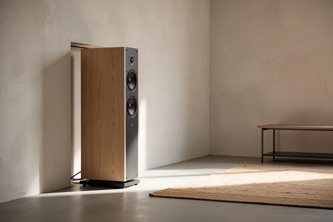 Vue en contre-plongée d'un socle d'enceinte avec un évent vers le bas et une fente latérale