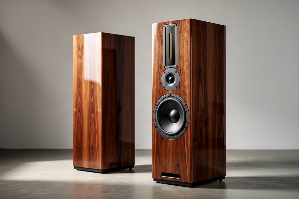 Pair of gloss white three-way stand mount speakers on a concrete surface