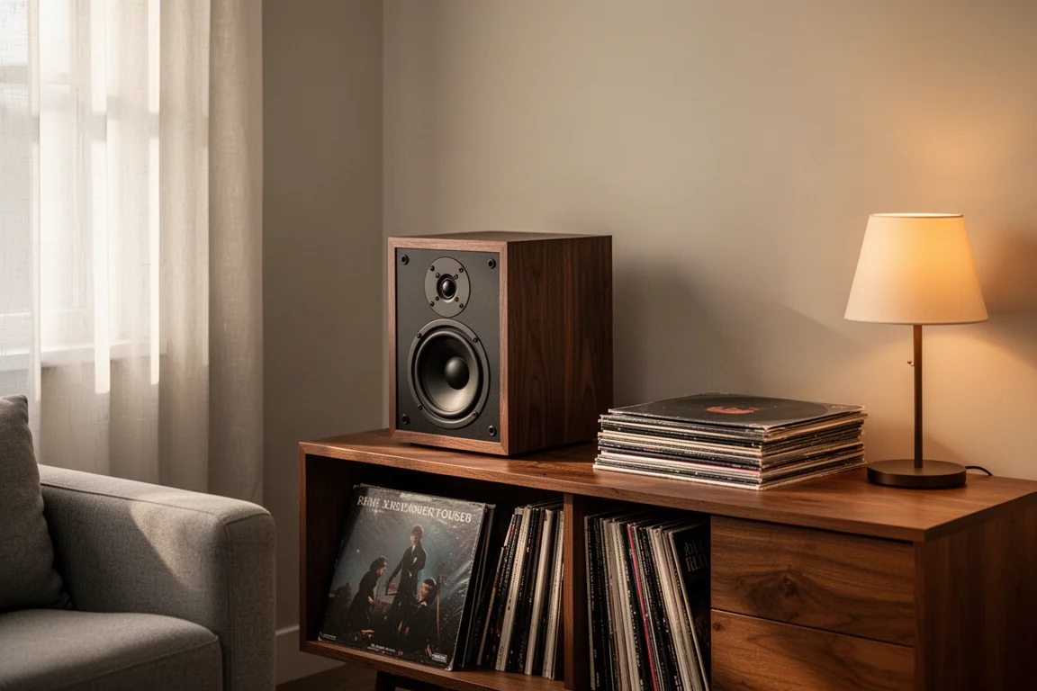 Kompakter Regallautsprecher auf einer Holzsideboard in einem kleinen Wohnzimmer mit Schallplatten und einer Lampe