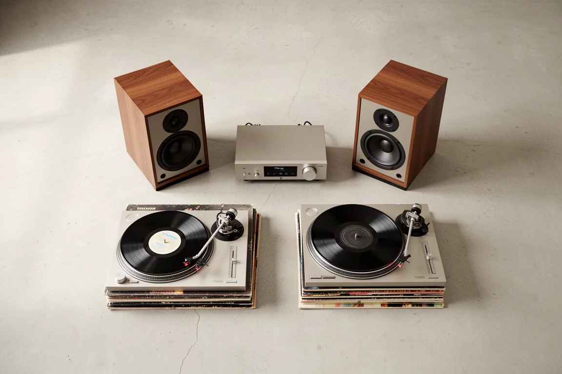 Draufsicht auf ein günstiges Stereo-Setup mit zwei Lautsprechern, Verstärker und Plattenspieler