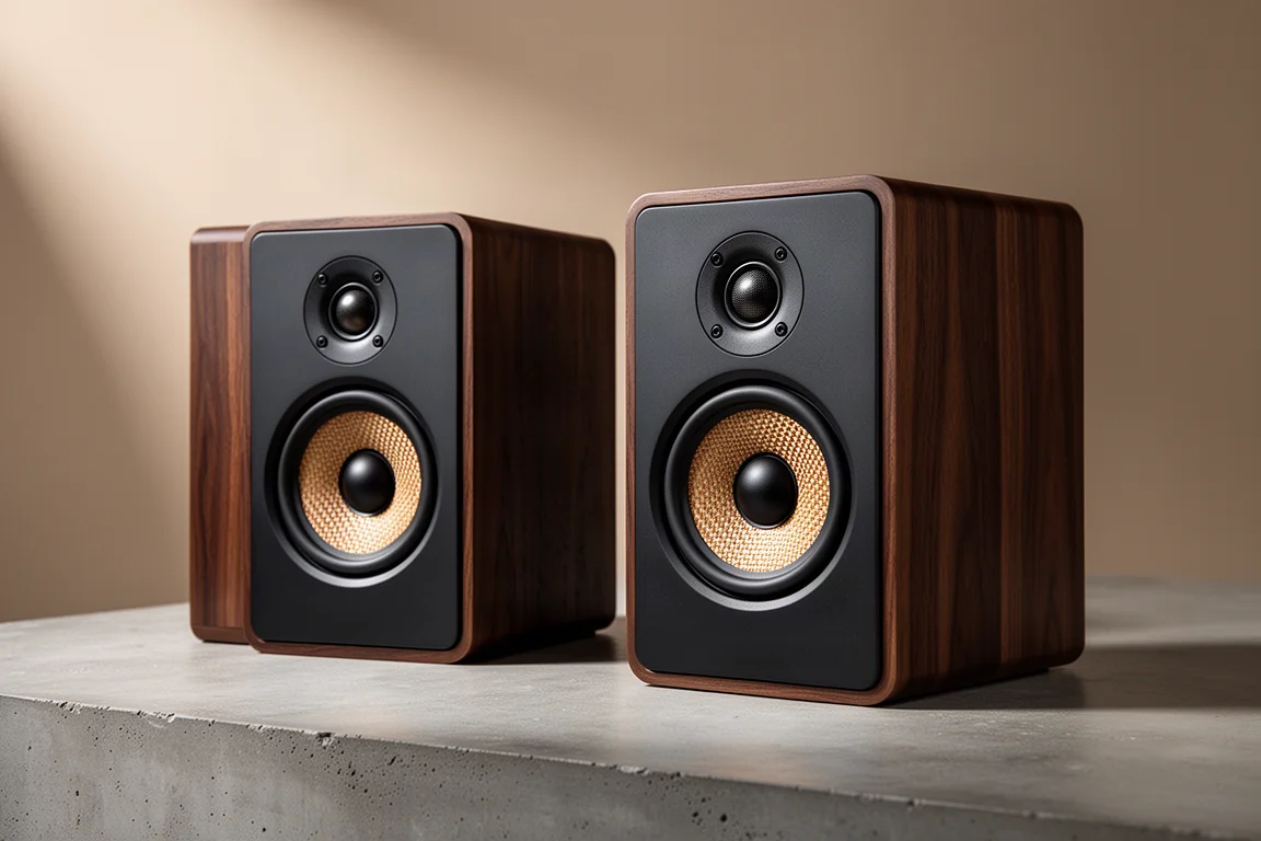 Pair of compact bookshelf speakers in dark wood finish with black baffles on a concrete surface