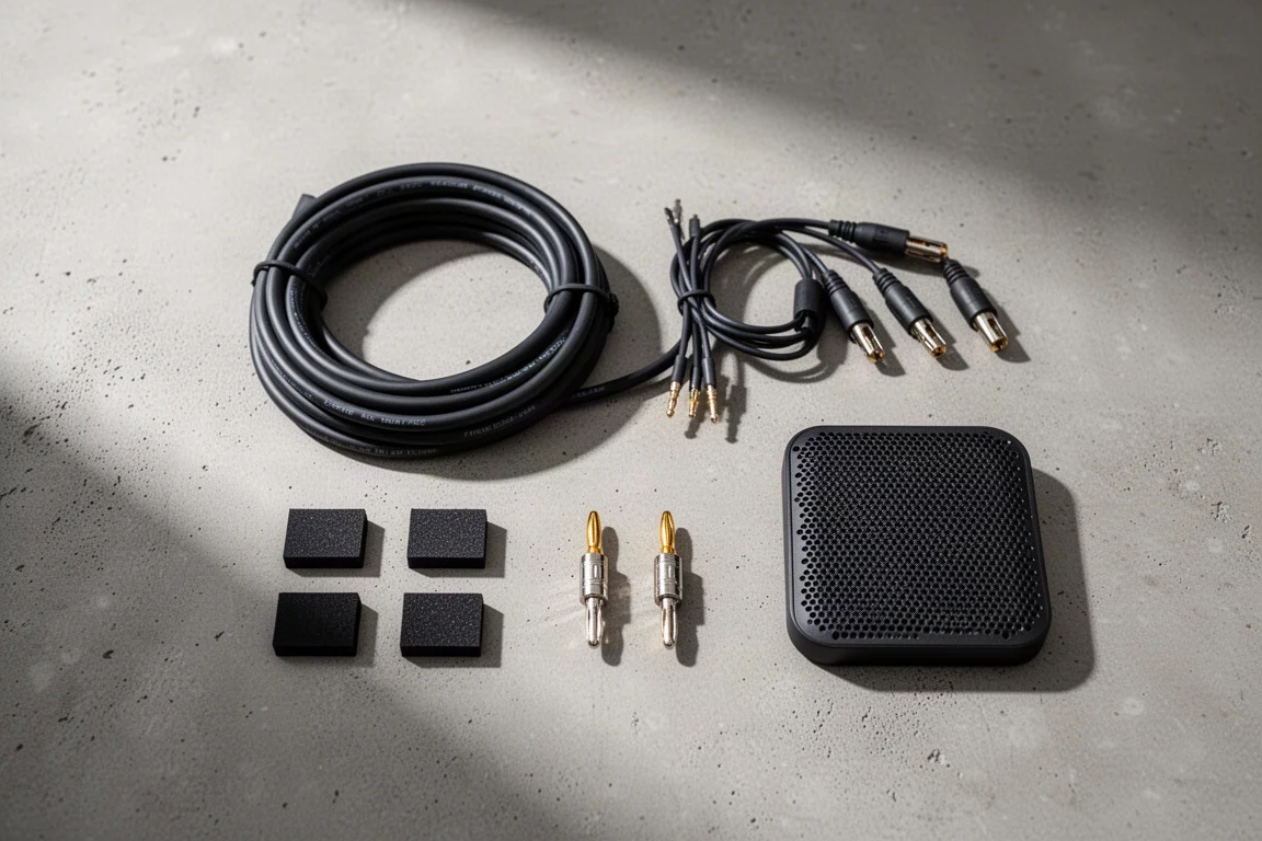 Câble d'enceinte, patins d'isolation et fiches banane disposés à plat sur du béton