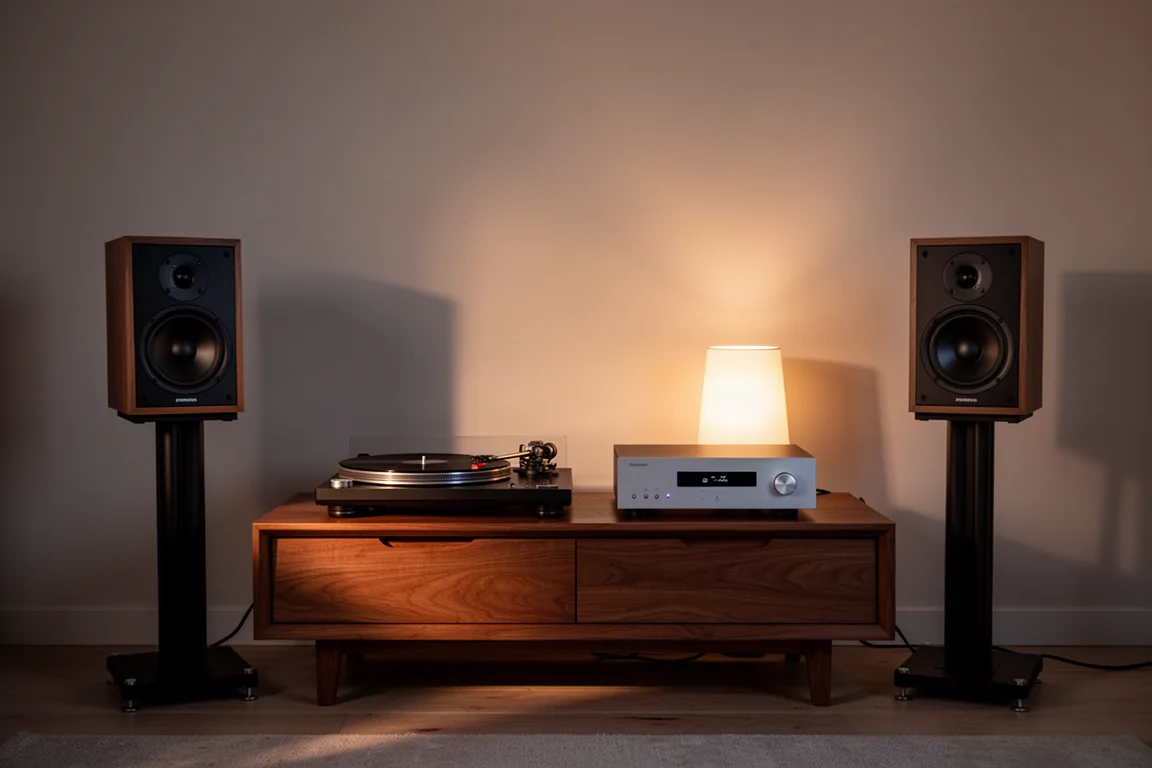 Pièce d'écoute le soir avec enceintes, platine vinyle et amplificateur dans une lumière chaude