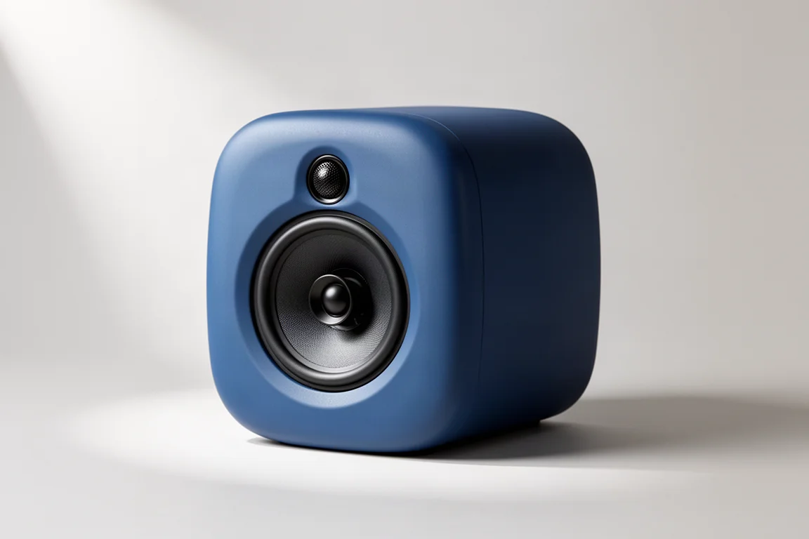 Wharfedale Denton 1S bookshelf speaker in matte blue with a centred coaxial driver