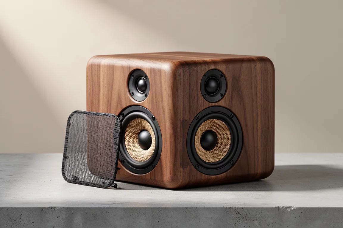 Walnut veneer bookshelf speaker shown at an angle with its drivers exposed
