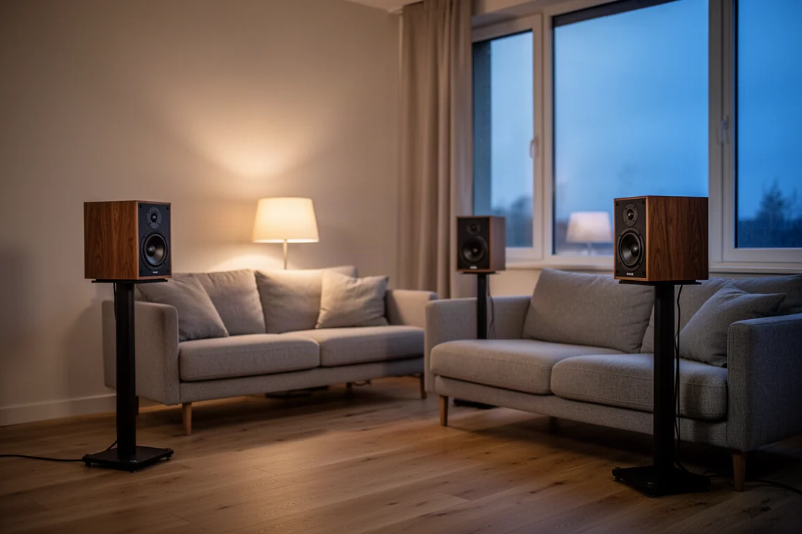 Pair of small bookshelf speakers on stands in a softly lit living room at dusk