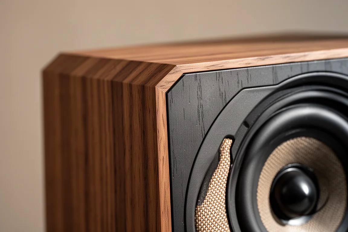 Close-up of a wood-veneer speaker cabinet corner beside a woven driver cone