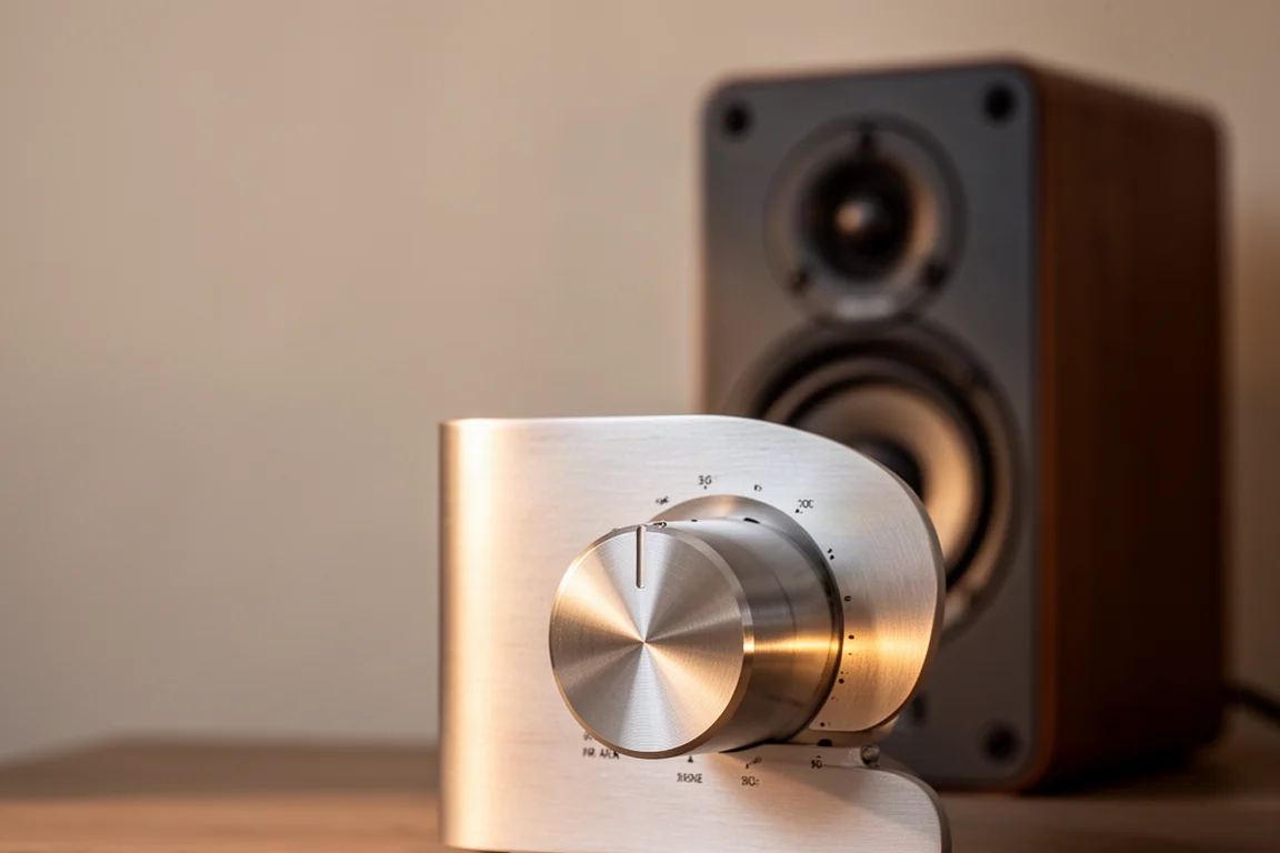 Amplifier volume knob lit warmly with a blurred speaker in the background