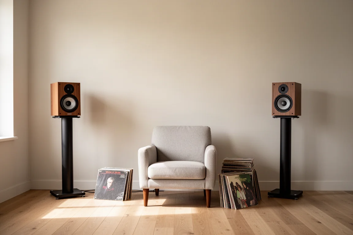 Two stand-mounted bookshelf speakers pulled away from the wall in a bright room