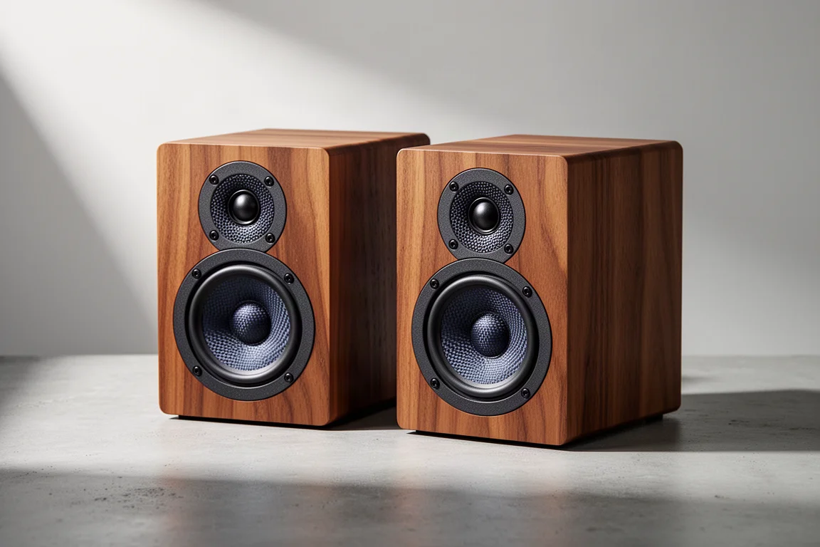 Pair of compact wood-veneer bookshelf speakers angled on a matte concrete surface