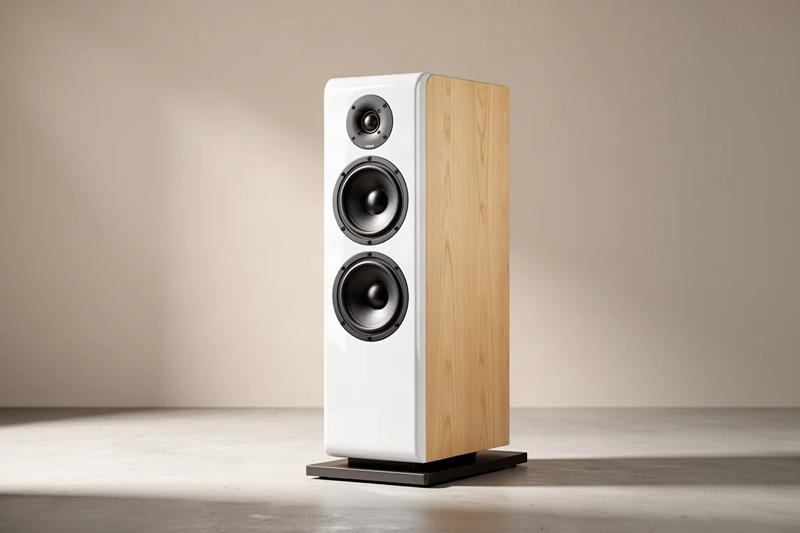 Slim white and blonde wood floorstanding speaker on pale concrete in a neutral room