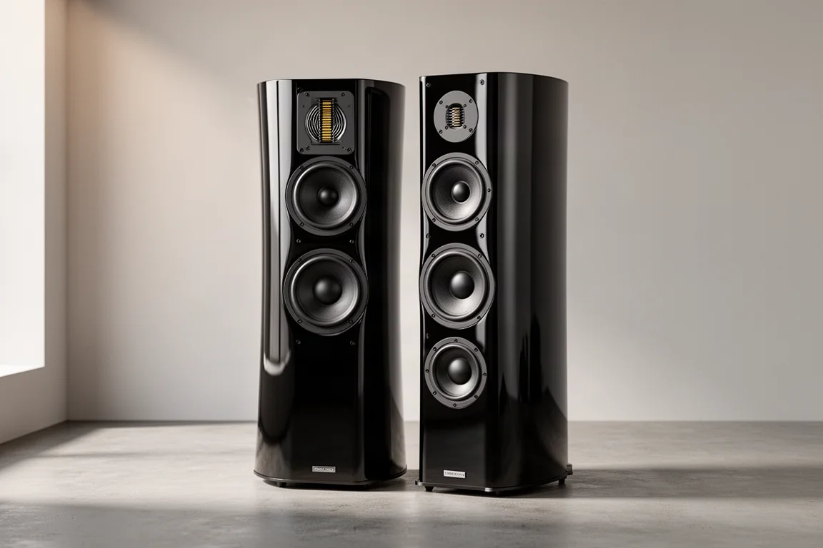 Pair of gloss black floorstanding tower speakers with curved cabinets in a minimal listening room