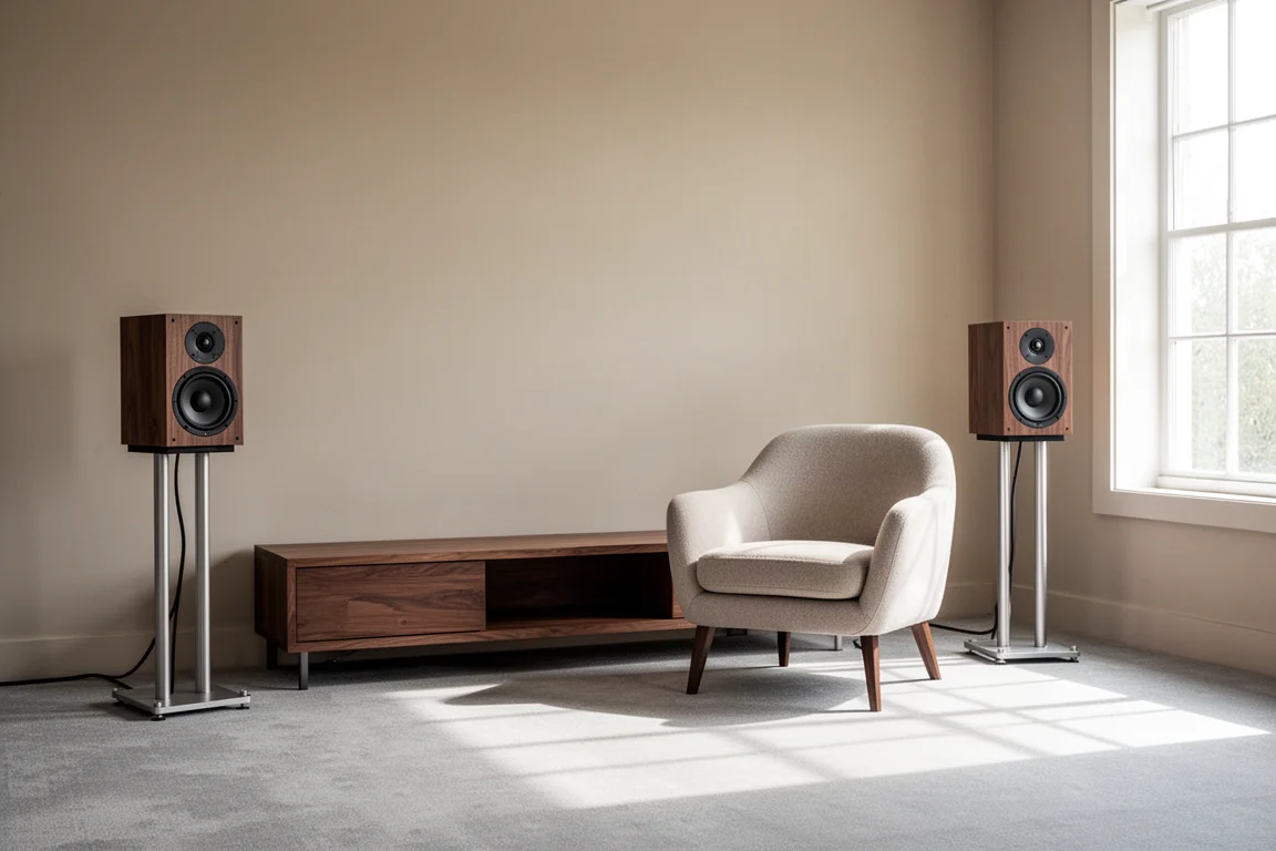 Altavoces compactos de estantería sobre soportes esbeltos en una sala de escucha luminosa con un estante bajo