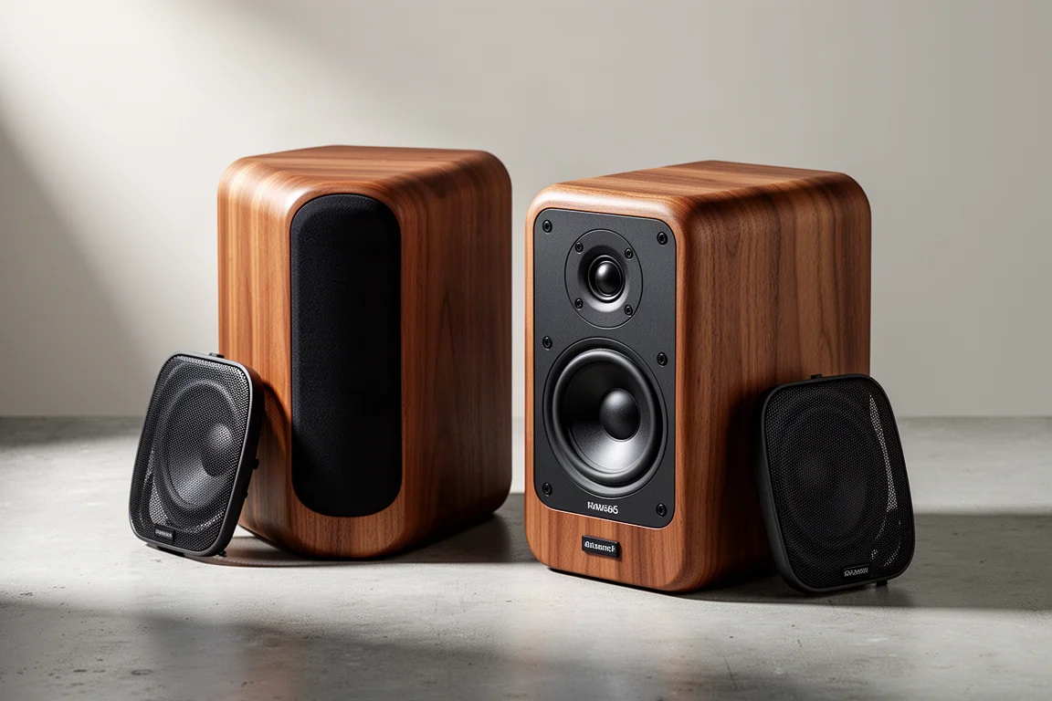 Pair of compact wood veneer bookshelf speakers with grilles on a concrete surface