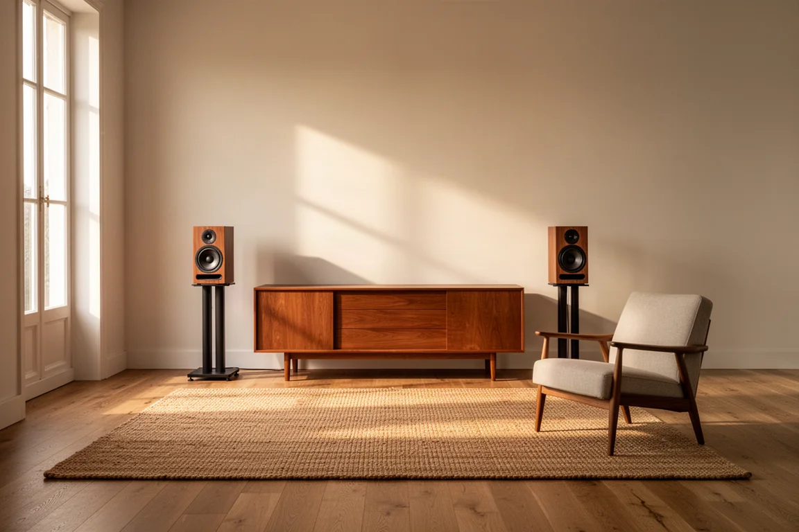 Pair of compact bookshelf speakers on low stands in a bright living room