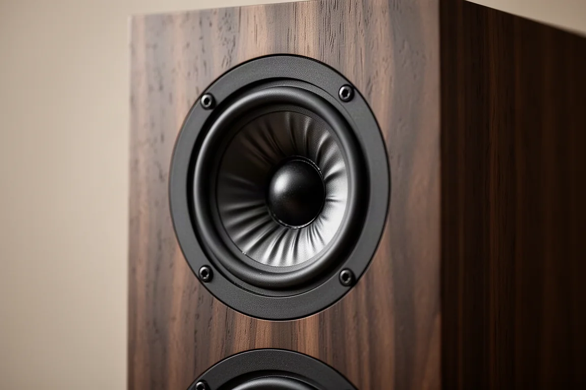Close-up of a ribbon style tweeter set into a speaker baffle in soft light