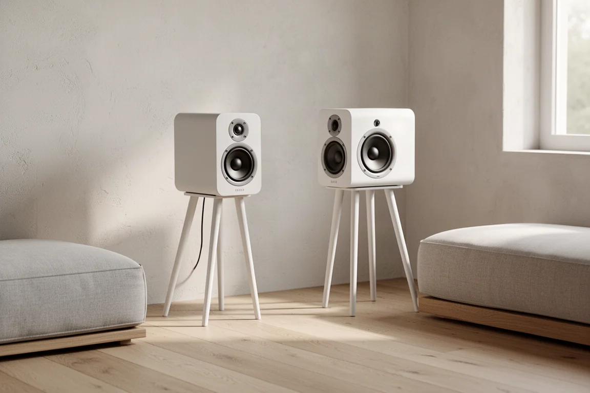 Pair of compact white speakers on angled stands in a bright minimal room