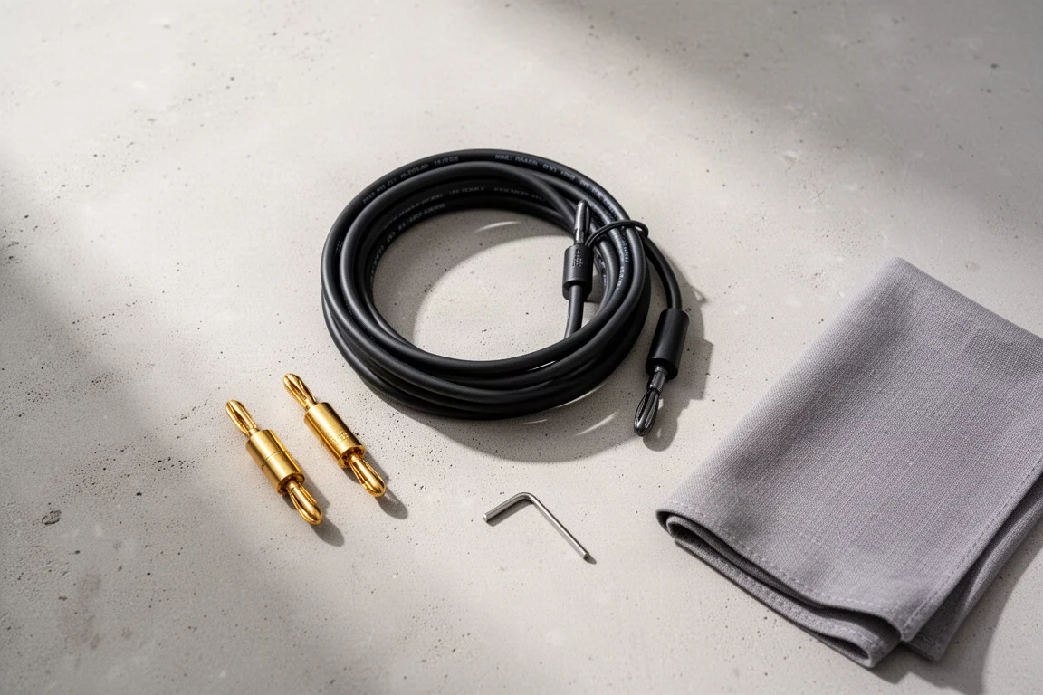 Overhead flat lay of speaker cable, banana plugs and setup tools on concrete