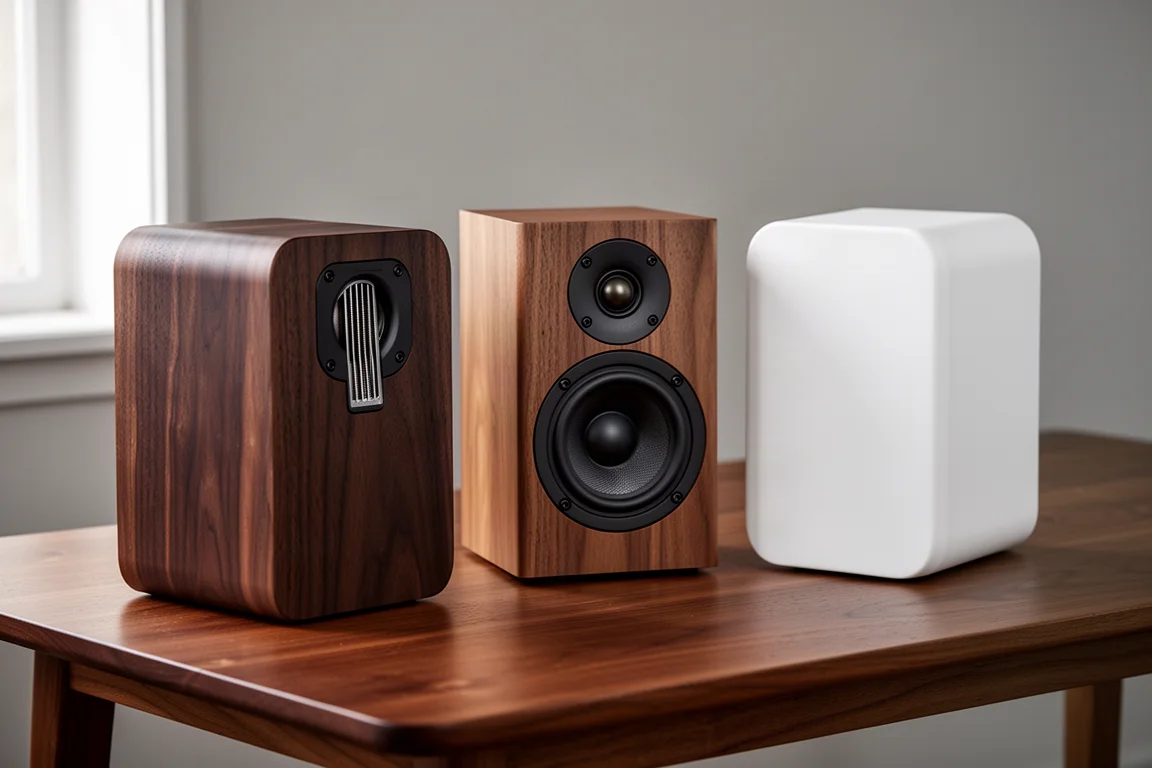 Three compact bookshelf speakers in walnut veneer and matte white on an oak table