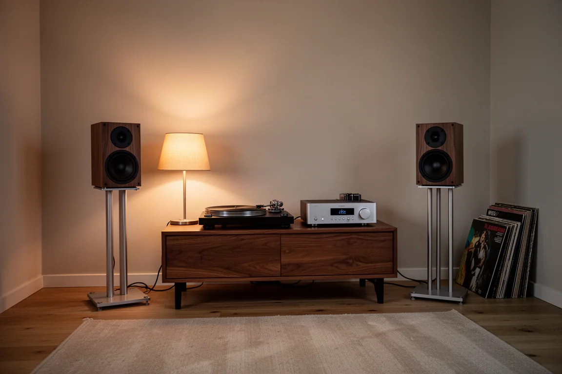 Petite pièce d'écoute au crépuscule avec enceintes bibliothèque, platine vinyle et lumière chaude de lampe
