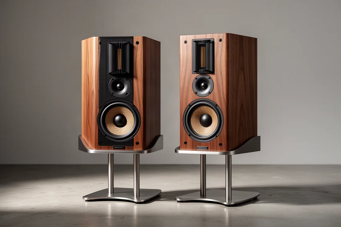 Pair of satin walnut three-way stand mount speakers on slim steel stands against a grey backdrop