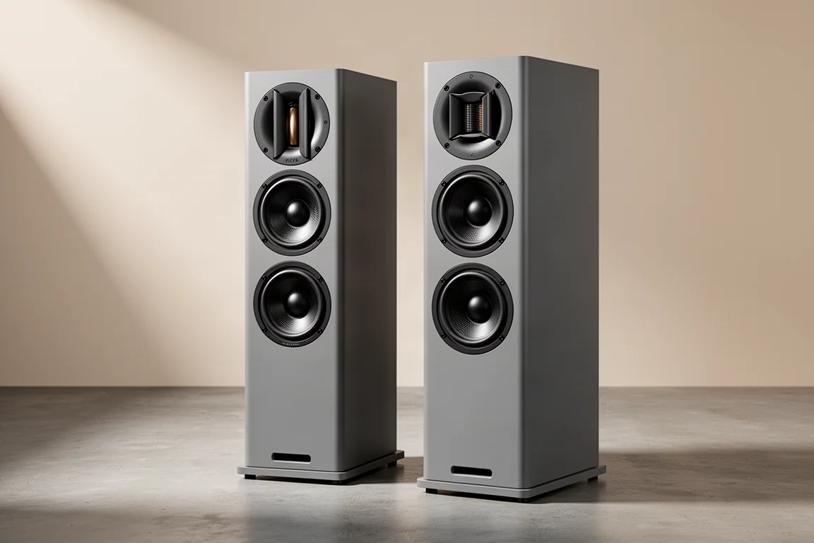 Pair of matte grey three-way floorstanding speakers with black drivers on a concrete floor