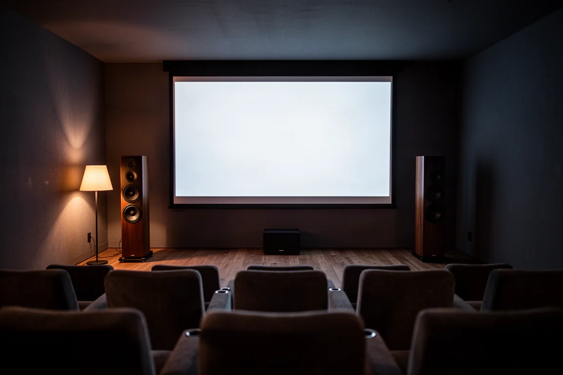 Home theaterruimte in de schemering met een groot scherm en vloerstaande luidsprekers aan weerszijden