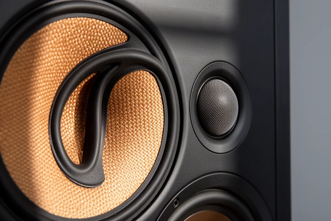 Close-up van een geweven conus-driver en een softdome-tweeter in een luidsprekerbaffle