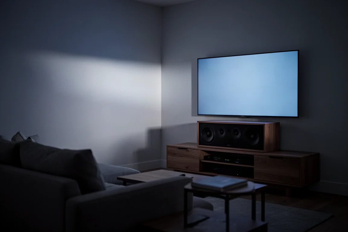 Woonkamer 's nachts met schermlicht dat over de muur boven een mediameubel valt