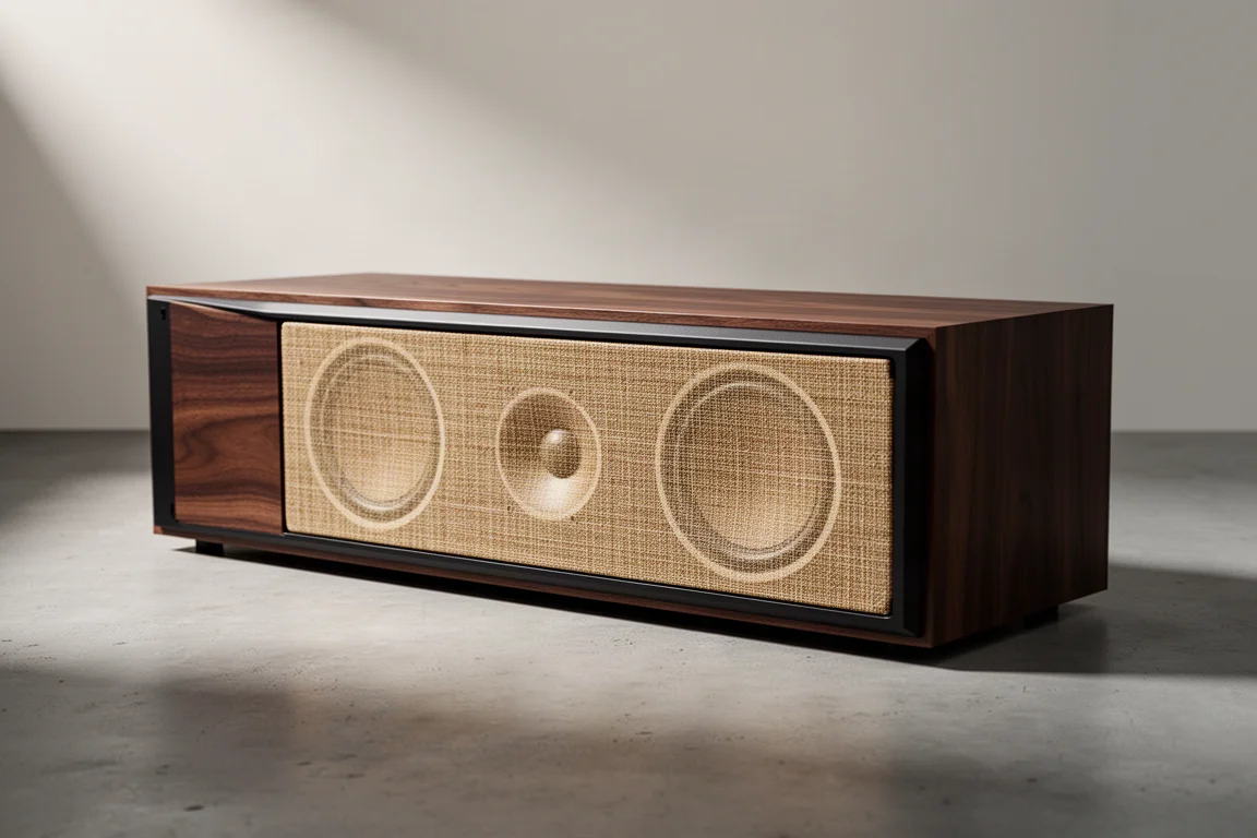 Wide walnut-veneer center channel speaker with cloth grille on a concrete surface