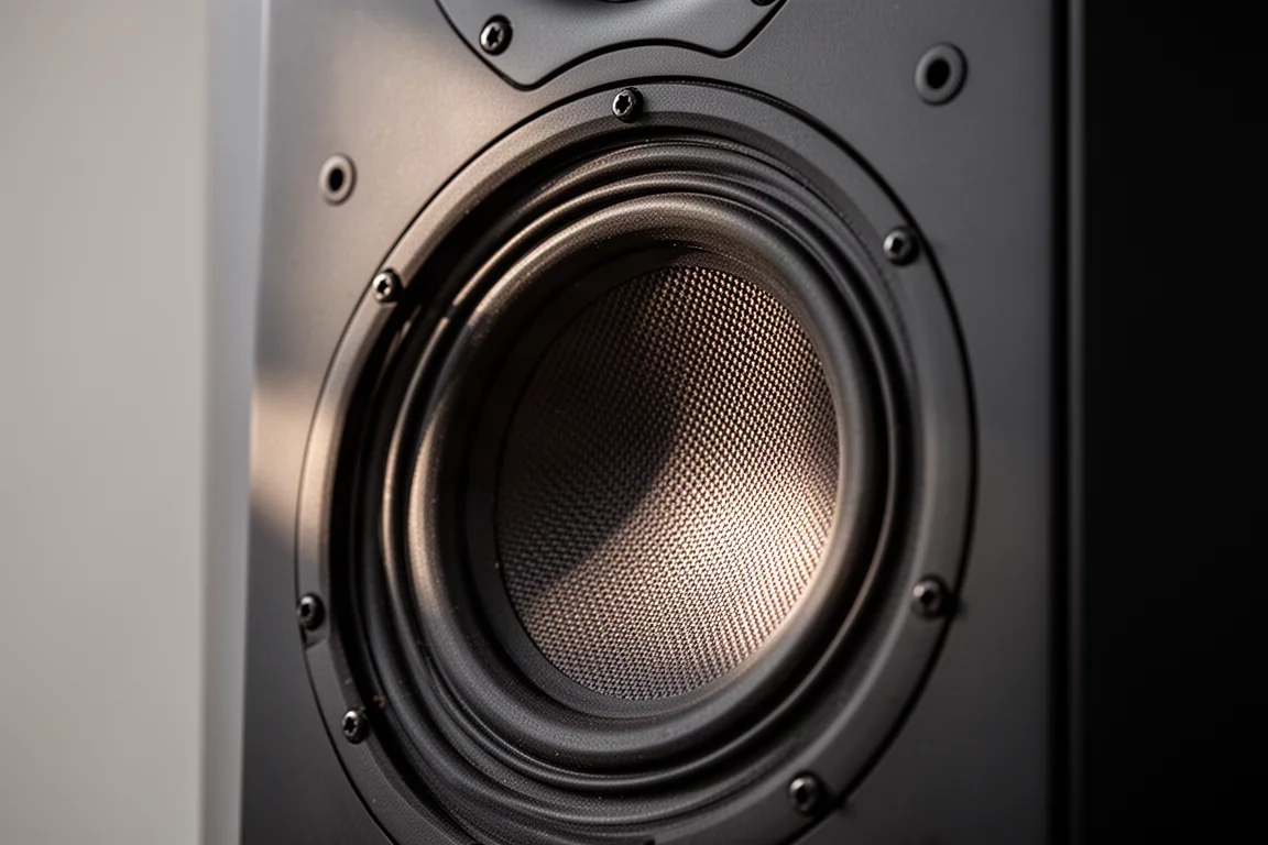 Primo piano di un grande cono di woofer intrecciato e sospensione in gomma in un cabinet nero