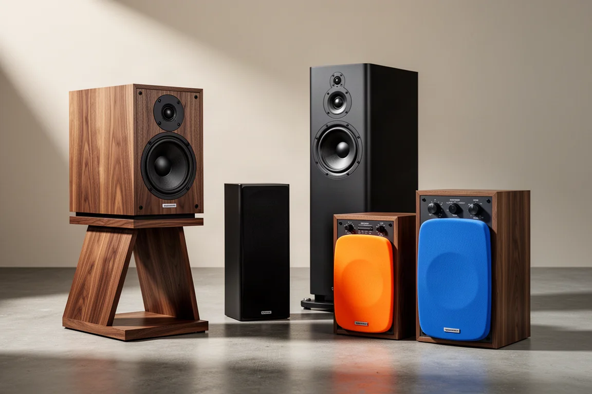 Five hi-fi speakers grouped on a concrete floor, including walnut, black and foam-grille models